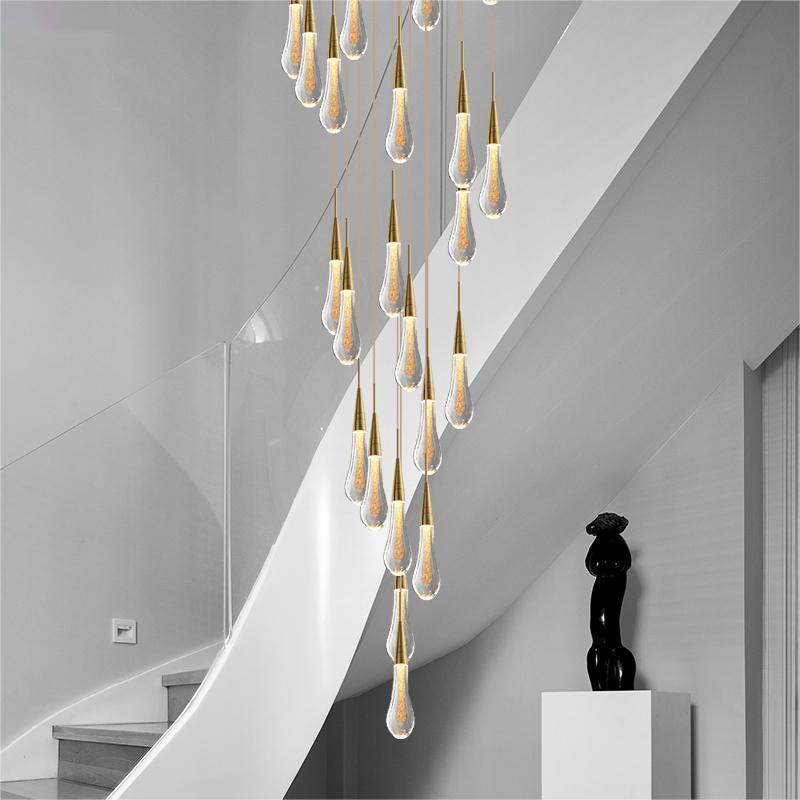 Gold Powder Raindrop Crystal Staircase Chandelier