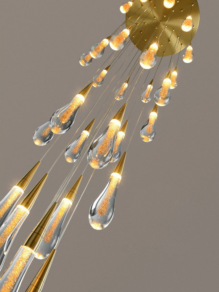 Gold Powder Raindrop Crystal Staircase Chandelier