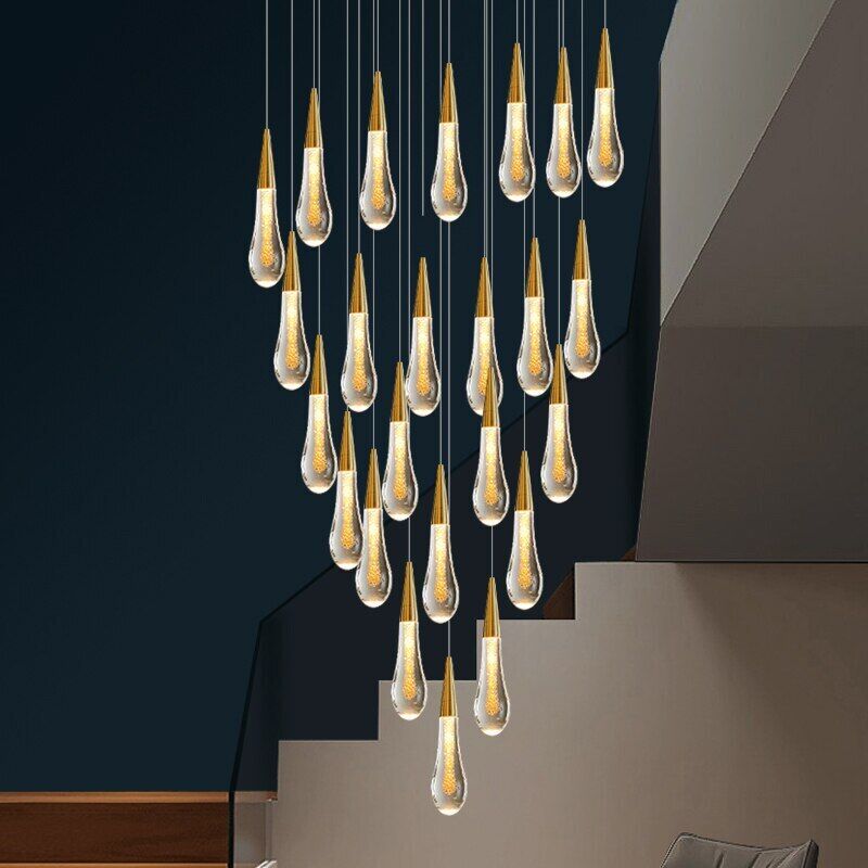Gold Powder Raindrop Crystal Staircase Chandelier