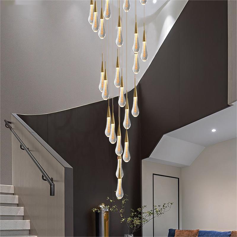 Gold Powder Raindrop Crystal Staircase Chandelier