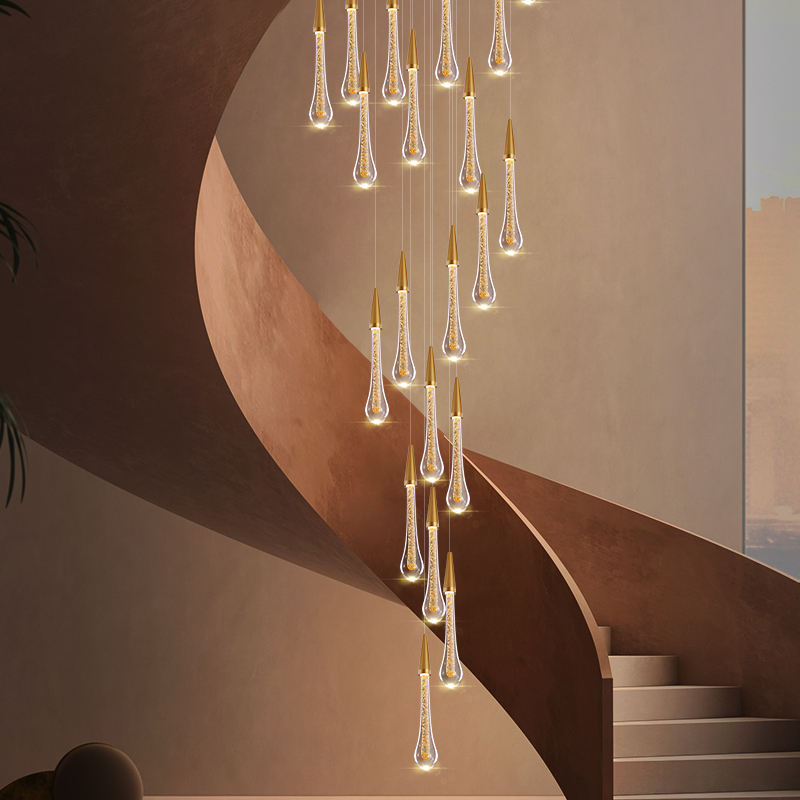 Gold Powder Raindrop Crystal Staircase Chandelier
