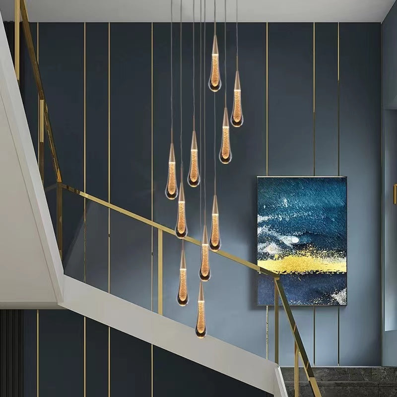 Gold Powder Raindrop Crystal Staircase Chandelier