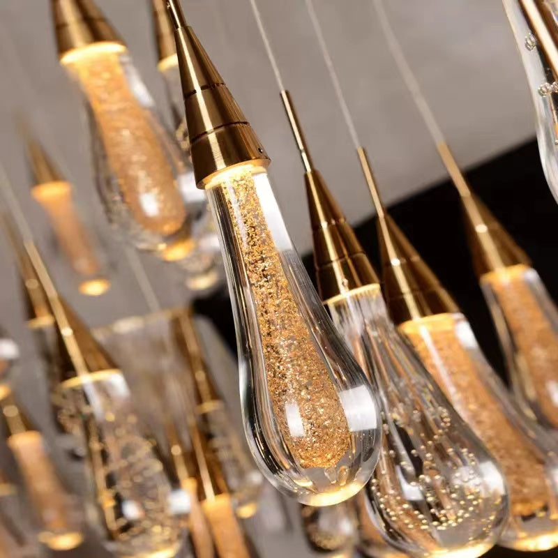 Gold Powder Raindrop Crystal Staircase Chandelier