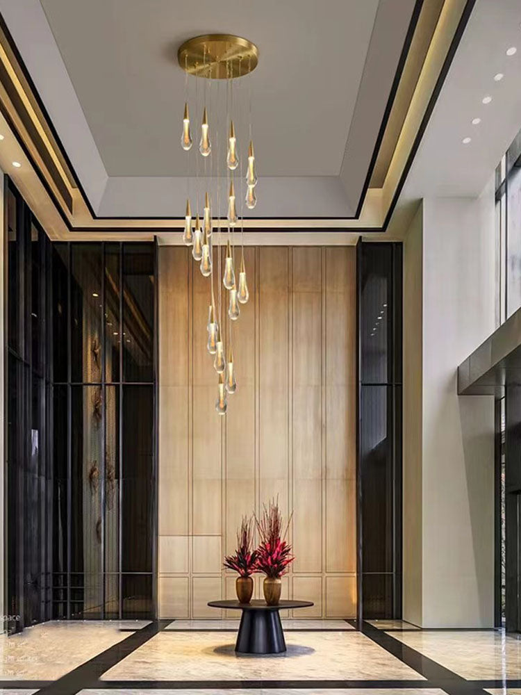 Gold Powder Raindrop Crystal Staircase Chandelier