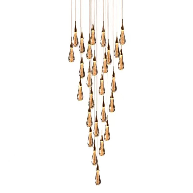 Gold Powder Raindrop Crystal Staircase Chandelier