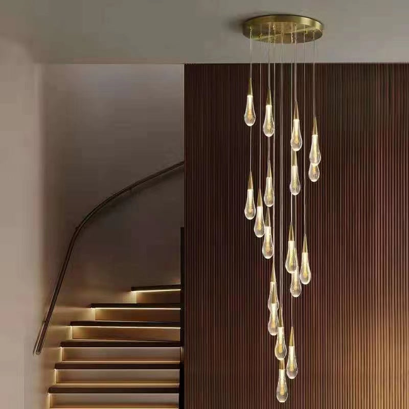 Gold Powder Raindrop Crystal Staircase Chandelier